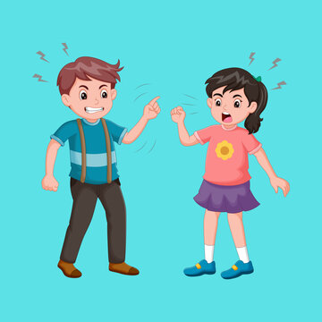 Cartoon Illustration of Two Children Arguing and Shouting, Brother and Sister Sibling Conflict Concept