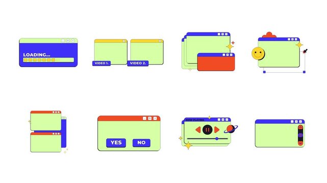 Different neo brutalism popup UI windows animation set. Loading bar. Media and graphic design. Yes no blank controls. Interface elements motion transparent. Retro Y2K UX design 4K video collection