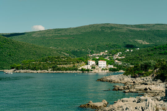 view Miriste with the historical monastery , hotels, beaches in Kotor bay entrance in Montenegro, amazing natural landscape and sea spot