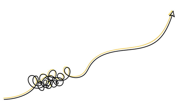A minimalist illustration of a tangled scribble line transforming into a straight upward arrow, representing the concept of Problem Solving, simplifying complex tasks, and achieving business clarity.