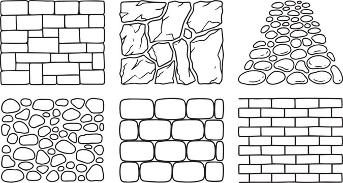 Collection of diverse stone and brick wall patterns, showcasing unique textures and arrangements in a line drawing style