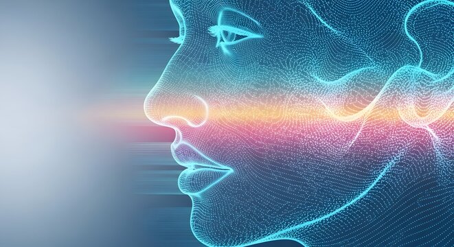 Profile of a face made from glowing blue particles and data points. Virtual reality and digital twin technology. Human head silhouette dissolving into a network of light dots