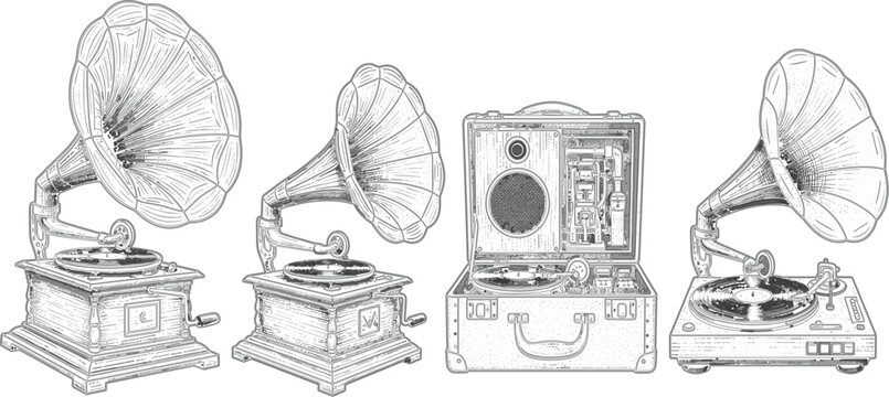 Vintage gramophone and phonograph collection with retro music player sketch vector illustration isolated set