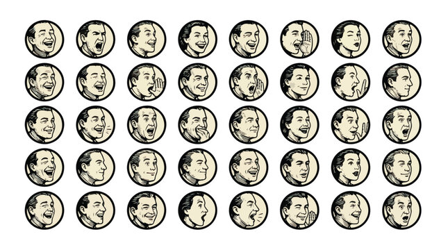 Vintage comic style avatar set, 40 retro man facial expressions in circular icons, mid-century pop art character heads, classic line art vector collection
