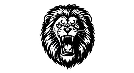 Obraz premium Fierce Lion Head Roaring, Black and White Illustration, Aggressive Predator