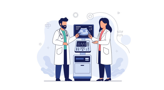 Doctors operating ultrasound machine with sonogram image