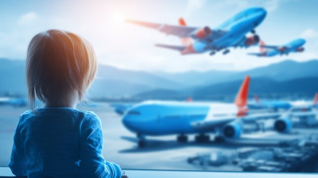 Child at Airport Observation Deck Watching Airplanes Take Off
