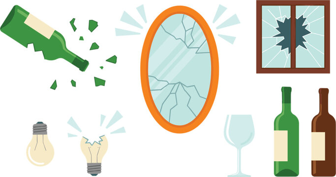 Broken glass objects collection with shattered bottle mirror window and light bulb vector illustration set