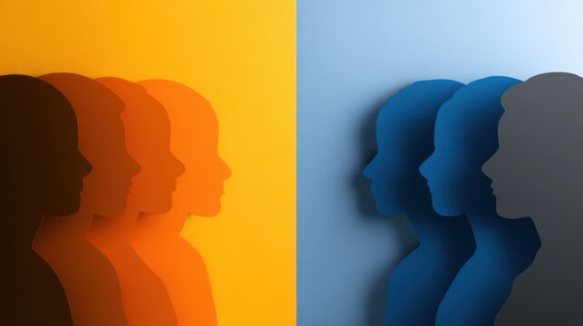 A divided abstract concept of human faces, exploring the duality of opposing feelings and thoughts. The image is split, with the left side in warm tones and the right in cool tones