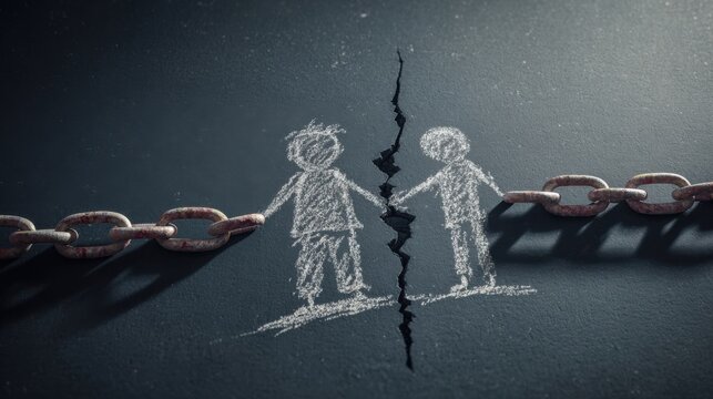 The broken chain signifies the separation of two figures, symbolizing division and broken bonds. The artwork conveys themes of disconnection and emotional impact