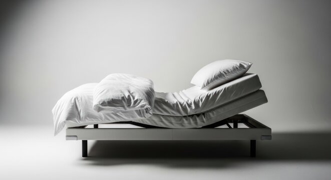 Adjustable Bed Frame with White Bedding and Pillows in Studio Lighting.