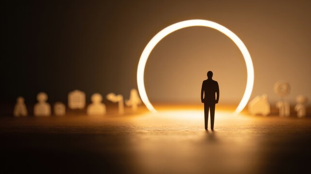 Silhouette of a person standing before a bright portal with small icons symbolizing various aspects of life