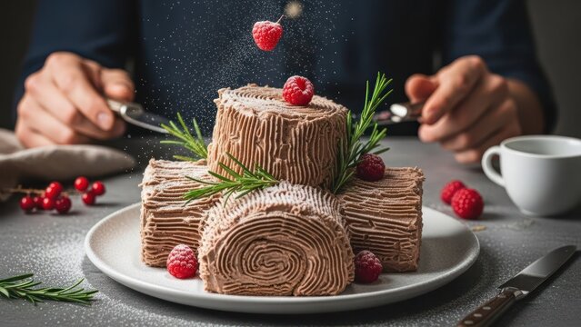 Delicious Chocolate Yule Log Cake Slices with Raspberries and Rosemary.