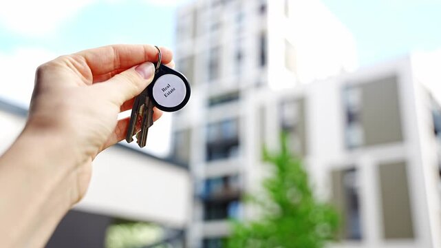 Hand holding house keys with Real Estate keychain near modern apartment building. Property business and housing market investment concept