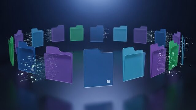 Digital Folders Arranged in a Circular Network on a Dark Background.