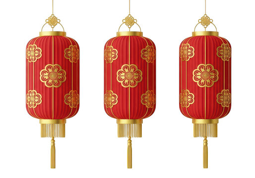 Three traditional red chinese lanterns hanging in a row isolated on transparent background
