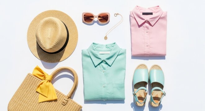 Flat lay of summer vacation essentials for a stylish getaway.