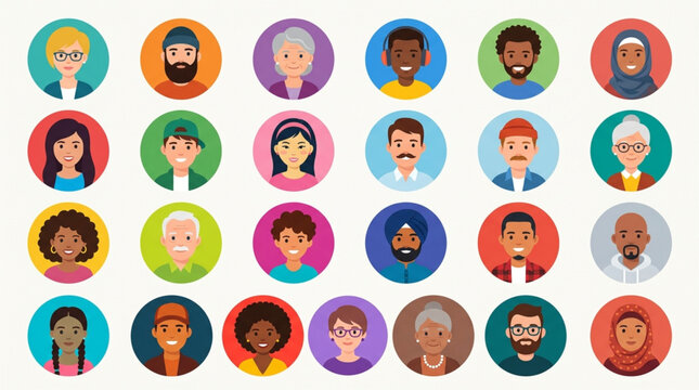 Diverse Group of People Avatars in Circles.