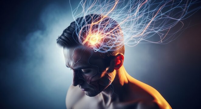 Mans Head Exploding with Electrical Energy and Light.