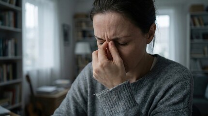 Obraz premium Woman in a grey sweater pinching her nose bridge because of a headache or sinus pain at home office.