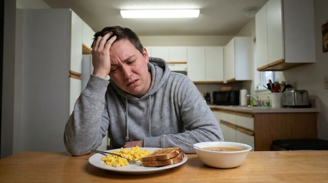 Young man in a grey hoodie touching his forehead while feeling nauseous at a kitchen table during breakfast.