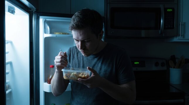 Young man in a dark kitchen eating leftovers from a container in front of an open glowing refrigerator.