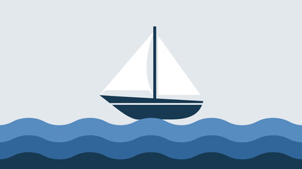 Fototapeta premium Geometric sailboat on stylized water - Suitable for boat rental websites, vacation promotions, or sea illustrations.
