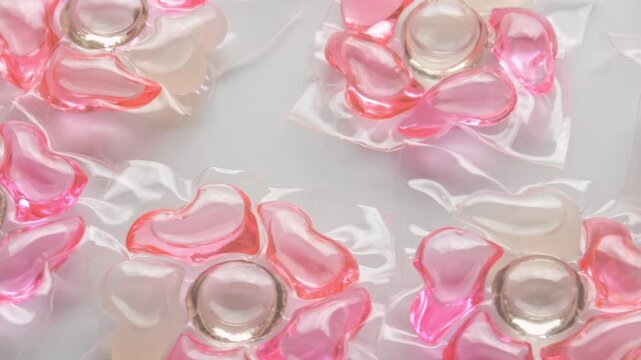 Translucent pink laundry detergent pods rotate on white surface, creating glossy abstract pattern for cleaning product video.
