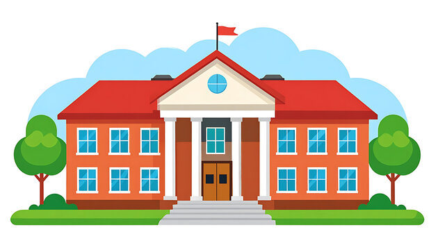 A flat design illustration of a red brick school building with white columns and a red flag on the roof, surrounded by green trees and bushes, set against a blue sky with clouds