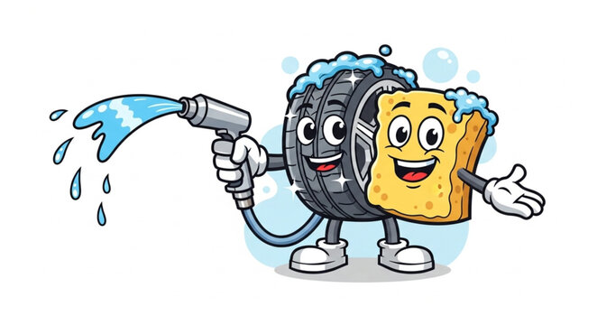 Soap and Tire Cleaning Cartoon.