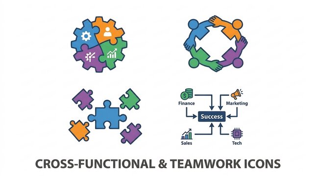 Cross functional teamwork icons set.
