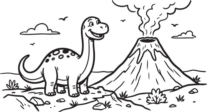 Cartoon dinosaur standing near erupting volcano,Generative ai