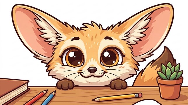 Cute cartoon fennec fox at desk.