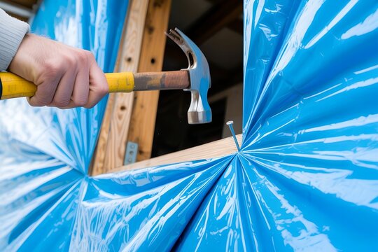 hand hammer tarp sheet over wood frame house. Hurricane repair and storm damage protection