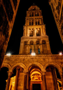 St Dominus Bell Tower Inside The Docletian's Palace & Old Town In Split, Croatia At Night