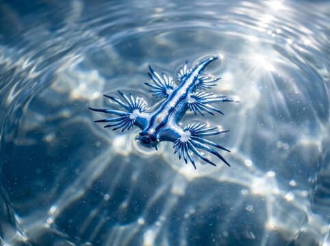 Stunning macro of a Blue Dragon sea slug floating on ripples. Its metallic blue body shines against the water, reflecting the soft clouds above.