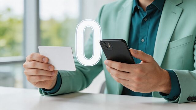 Businessman holding credit card and smartphone with floating zero percent symbol, representing zero interest rate offer, financial loan deal or cashback promotion for banking and