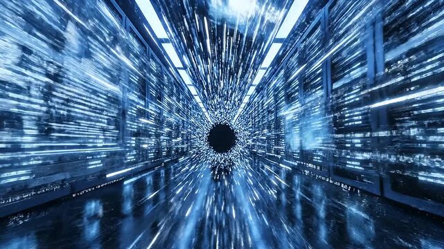 Digital data streaming through futuristic server room racks