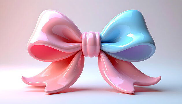 A glossy bow tie in pastel pink and blue, symbolizing gender reveal or celebration, isolated on a soft gradient background, with subtle pixelation suggesting digital art