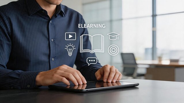 Man using tablet for e-learning, online education, distance learning, studying with digital book, video play, graduation cap, idea bulb, and communication chat icons.