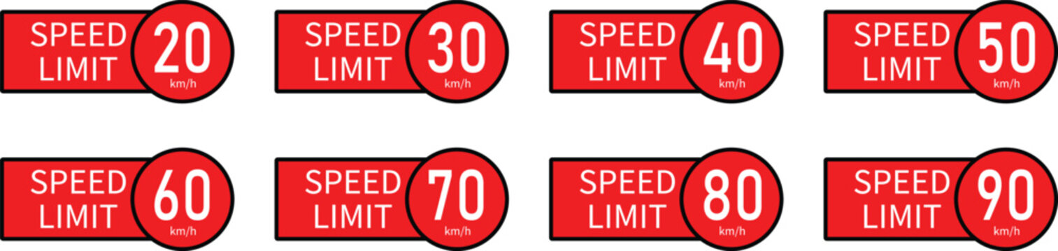 Modern Speed Limit Traffic Sign Collection Vector Illustration Set 20 30 40 50 60 70 80 90 km/h