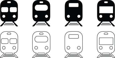Set of Train and Metro Icons, Railway Transportation Symbols, Subway and Locomotive Front View Vector Illustration © maxhabibullah001