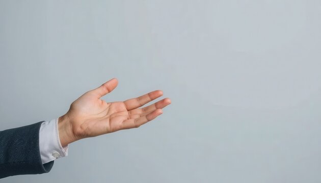Businessperson's hand with palm open in a gesture of offering or presenting something against a neutral background representing support or welcome blank space part of body part formal wear
