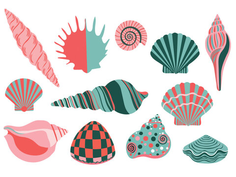 Set of various colorful sea shells in flat vector style
