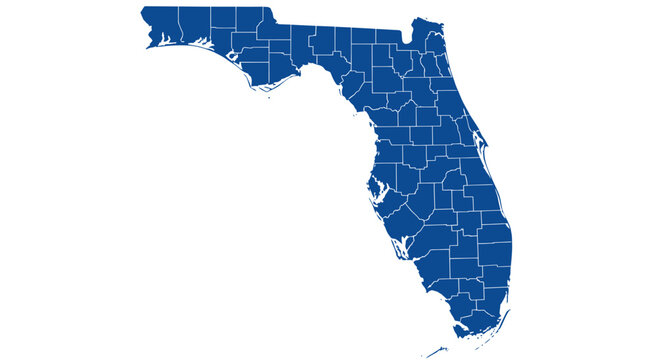 Florida Map with County Lines - Blue Outline on White Background