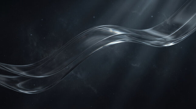 Transparent flowing wave across dark starry background forming elegant abstract banner suited for luxury technology science branding motion graphics hero image or futuristic visual identity