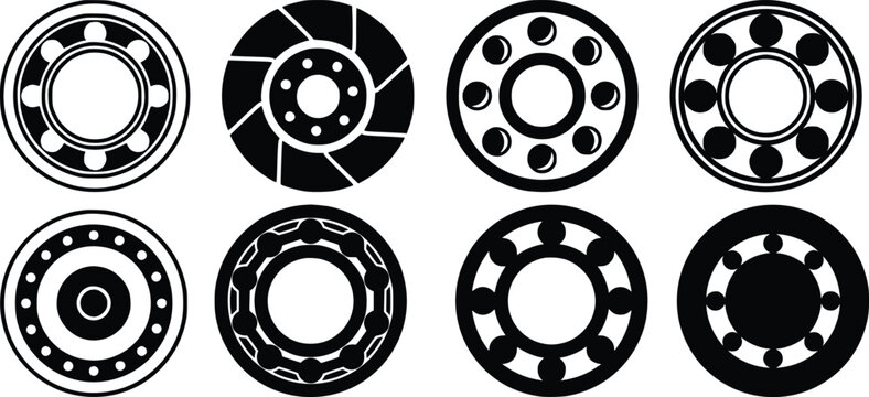 Mechanical ball bearing and industrial roller bearing vector icon set for automotive machinery and engineering equipment isolated on white background