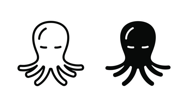 Minimalist octopus icon set in outline and solid black style for marine life design projects and ocean themed graphics