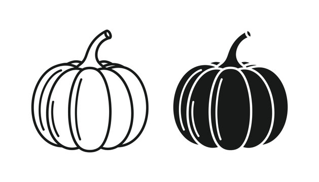 Pumpkin vegetable outline and solid silhouette vector icons for seasonal autumn harvest and holiday design