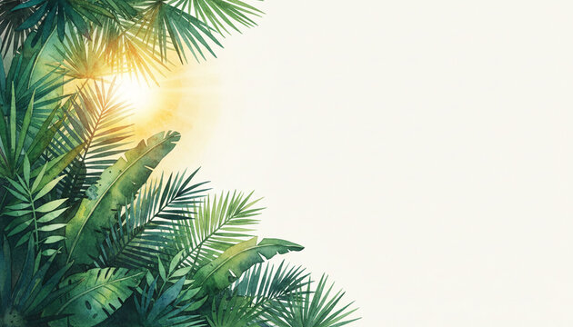 Watercolor illustration of lush green tropical leaves with warm sunlight filtering through, representing nature, relaxation, and summer, offering free space for text